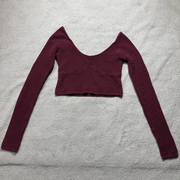 FP Beach Sweaters - FP Beach Sweater Womens XS Burgundy Long Sleeve Knit Crop Pullover Boho Stretch